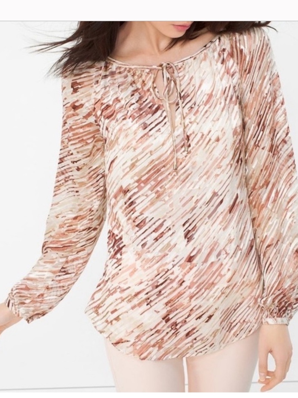 WHBM SILK TIE FRONT BURNOUT PEASANT BLOUSE